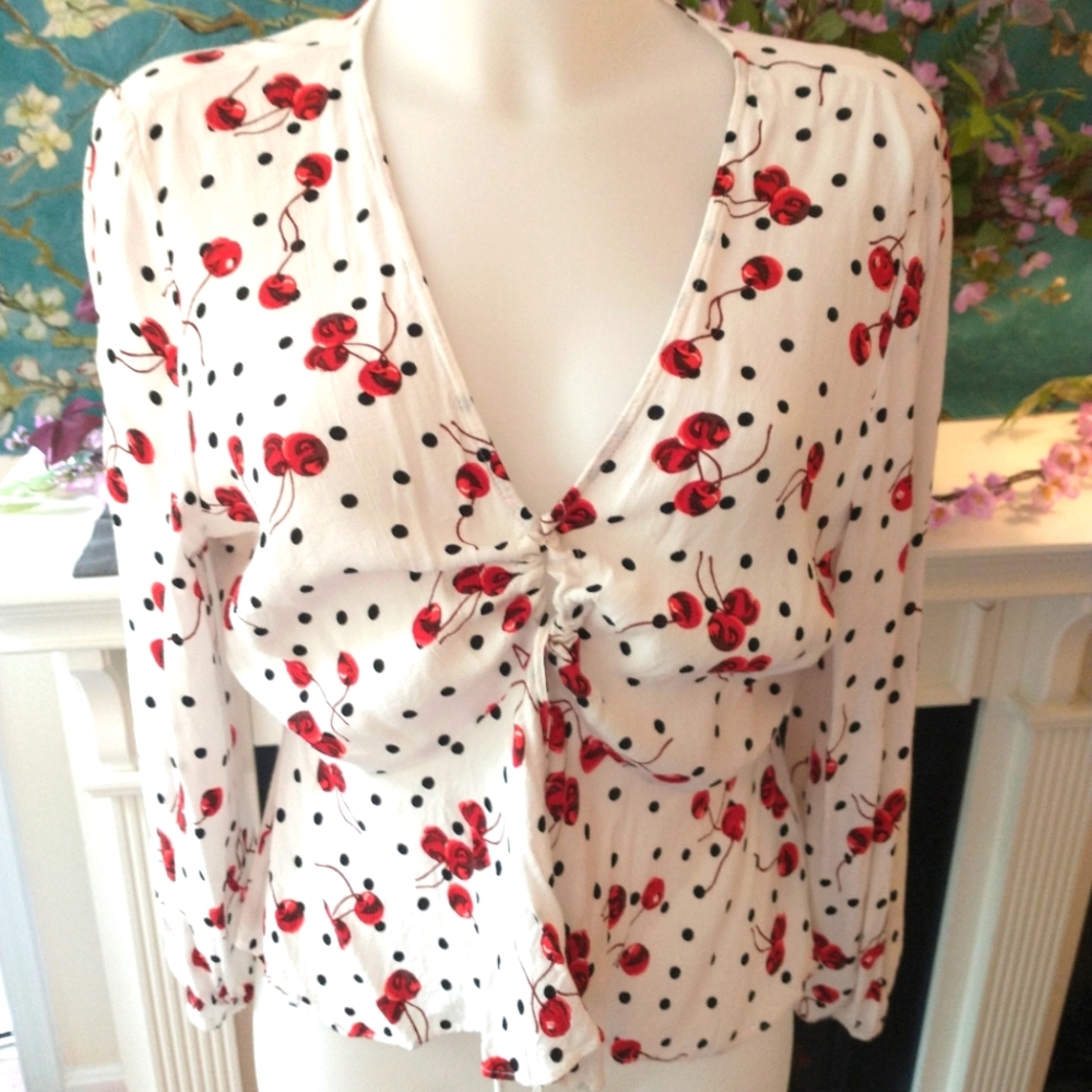 Topshop cherry and polka dot single button and drawstring top EUC US 12.